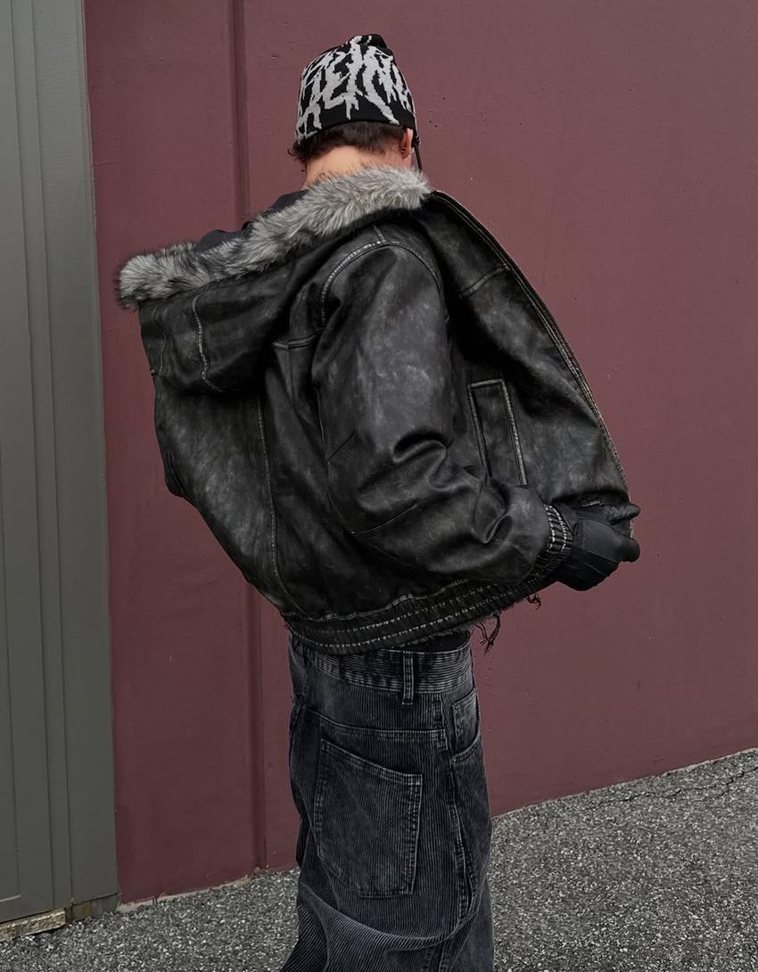 Blouson similicuir capuche-Noir