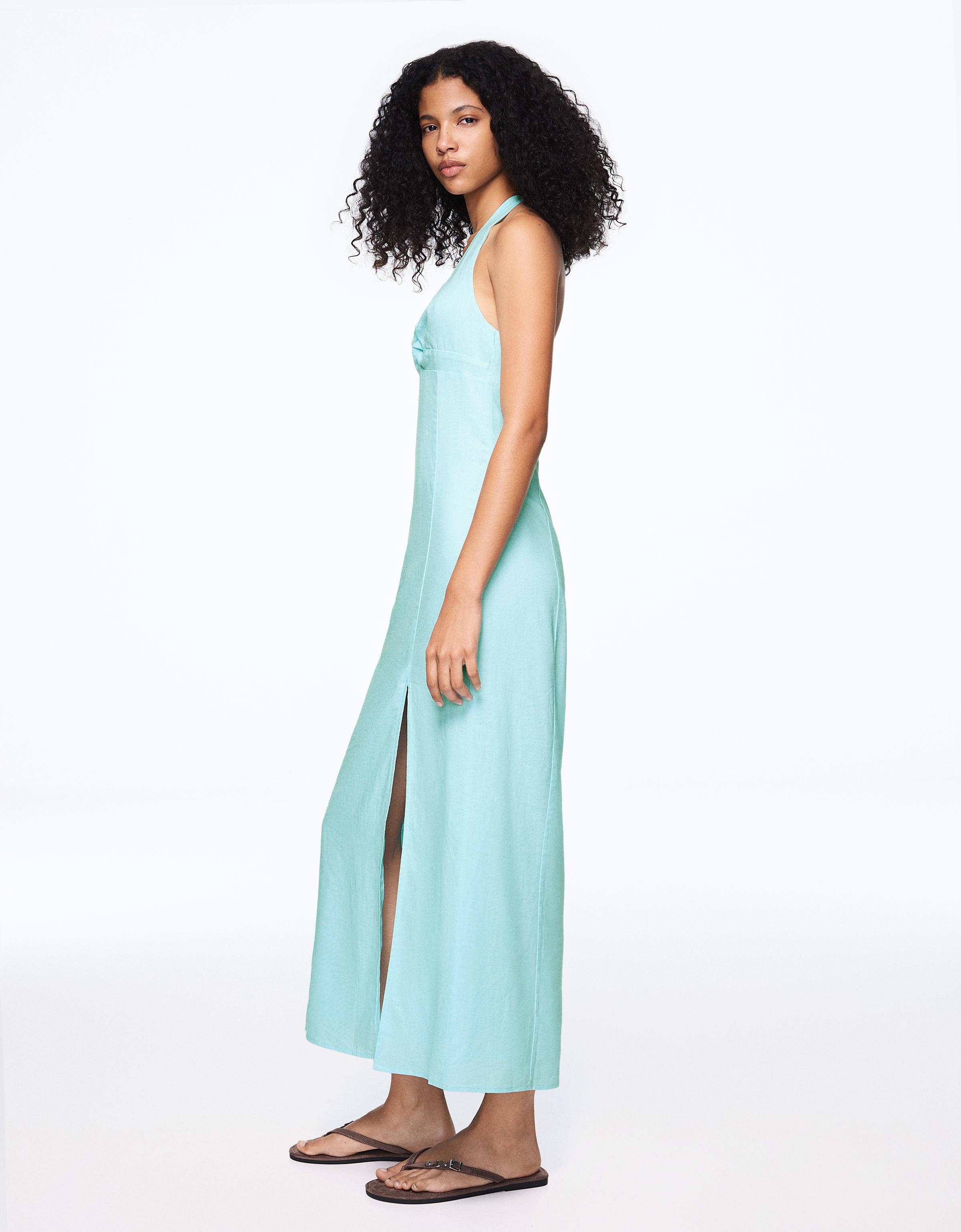 Halter midi dress with linen — Turquoise