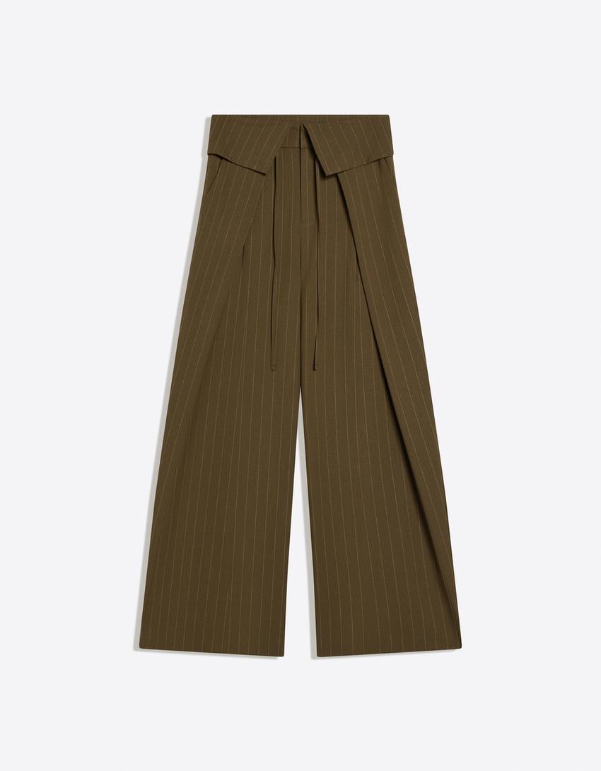 Darted trousers with turn-up waist-Khaki
