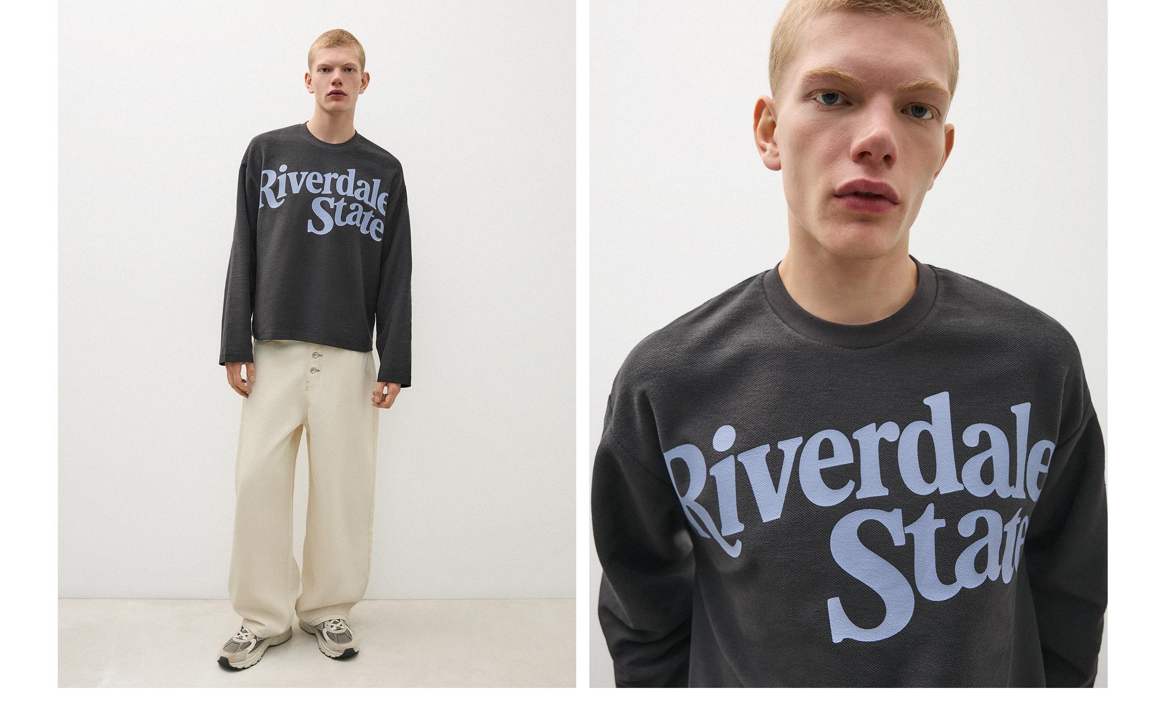 Printed plush round neck sweatshirt — Navy