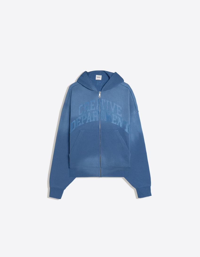 Yıkama efektli baskılı kapüşonlu sweatshirt-Mavi