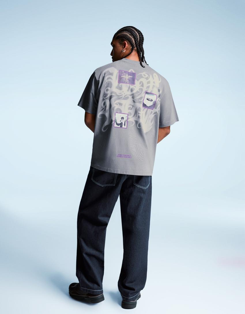 T-shirt à manches courtes imprimé-Gris