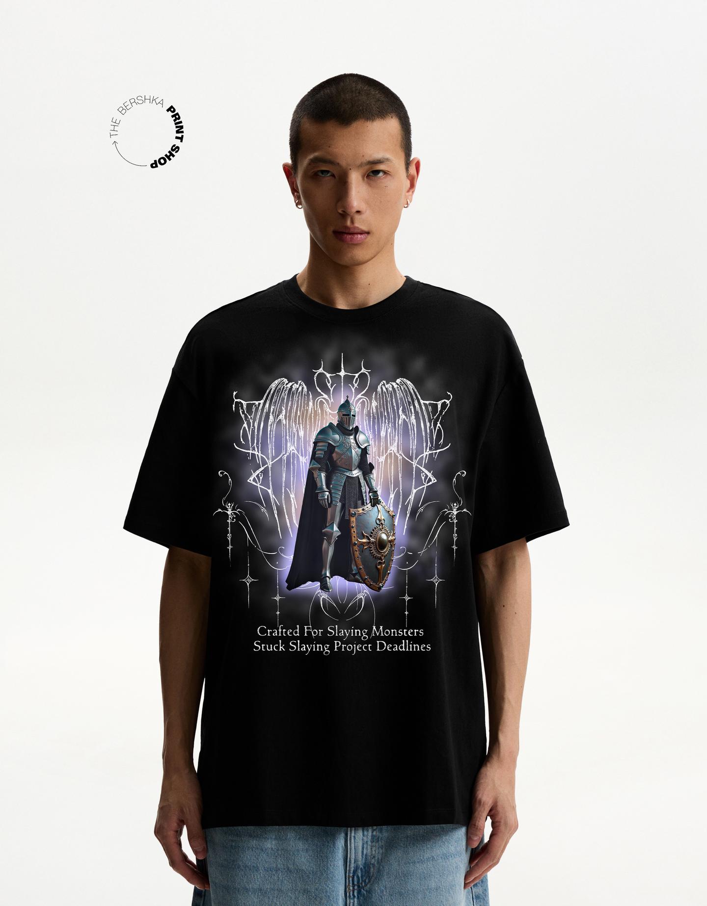 Bershka Camiseta Manga Corta Print Hombre L Negro