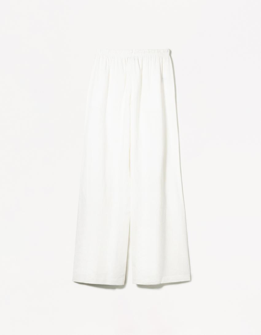 Linnenmix broek met elastische tailleband-Gebroken Wit