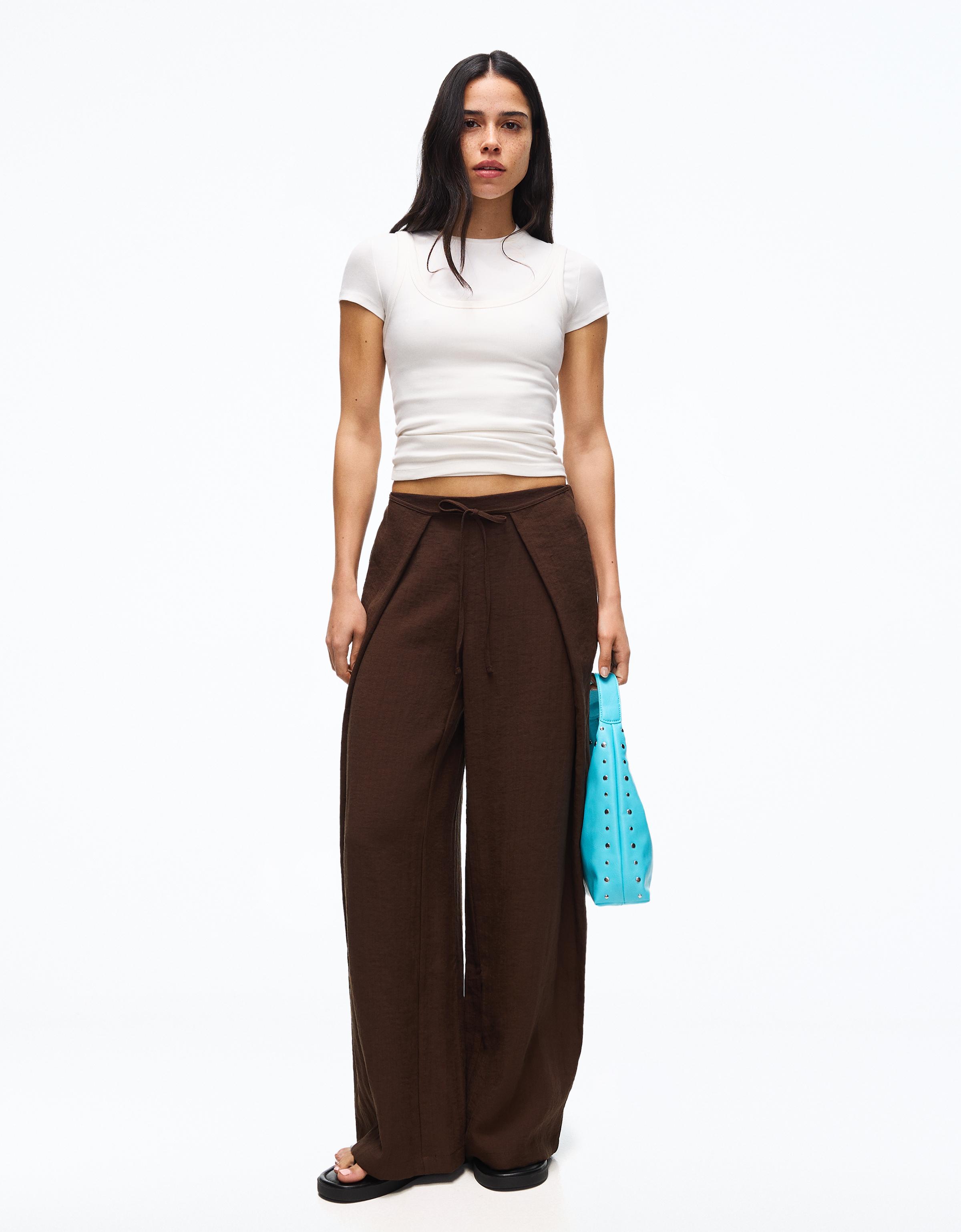 Rustic wide-leg pleated trousers — Brown