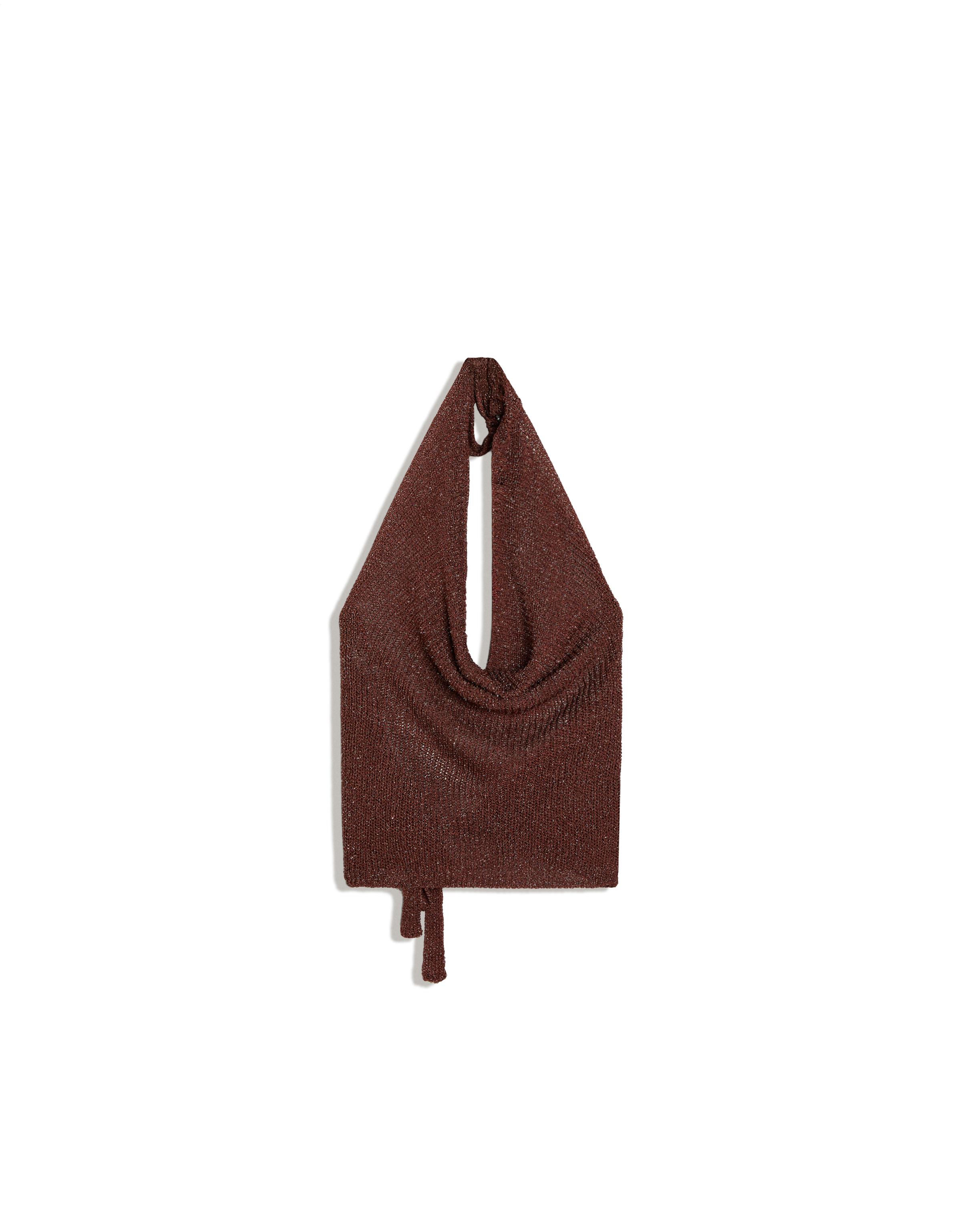 Draped halter top with metallic thread — Brown