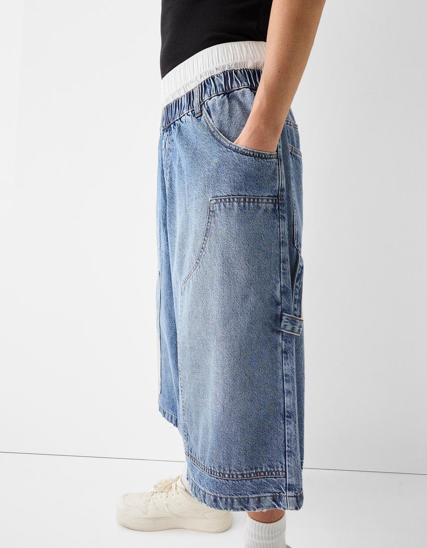 Calções bermuda jort denim baggy cintura contraste-Azul lavado-3