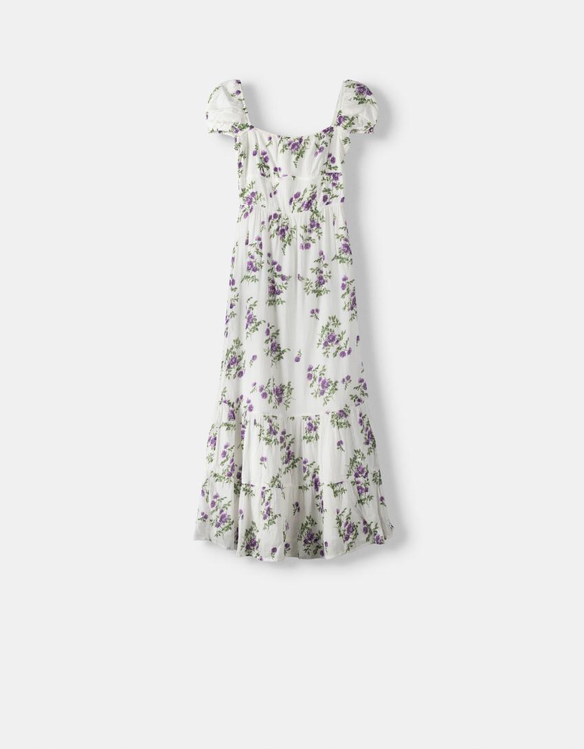 Textured floral print short sleeve midi dress-White-4