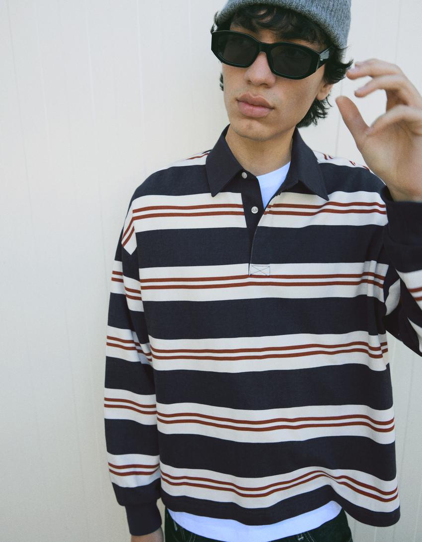 Striped plush polo shirt-Blue