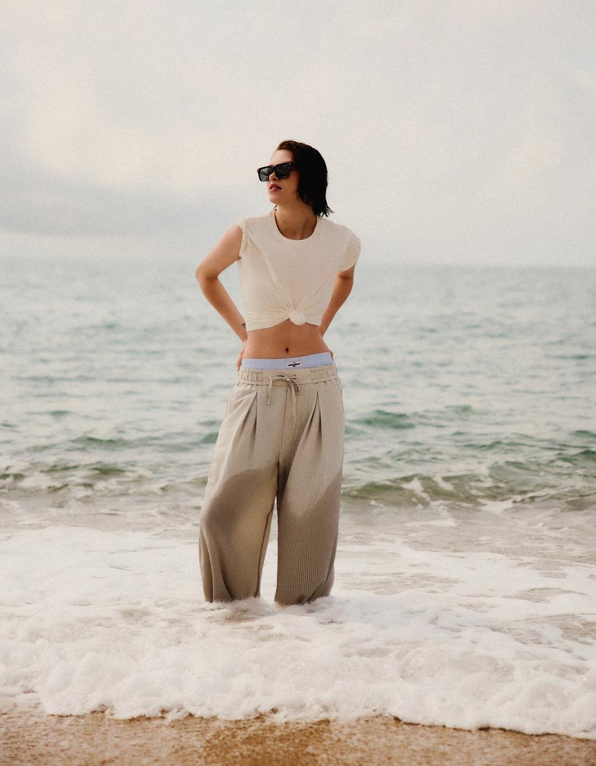 Pantalon mega baggy à carreaux-Sable