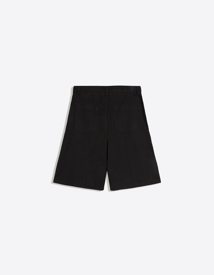 Super baggy linen Bermuda shorts-Black