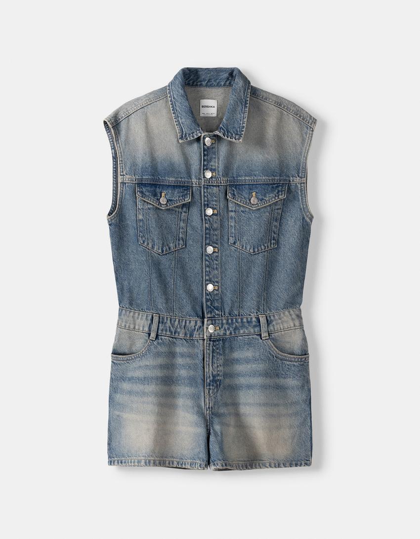 אוברול ג'ינס קצר-כחול שטוף-4