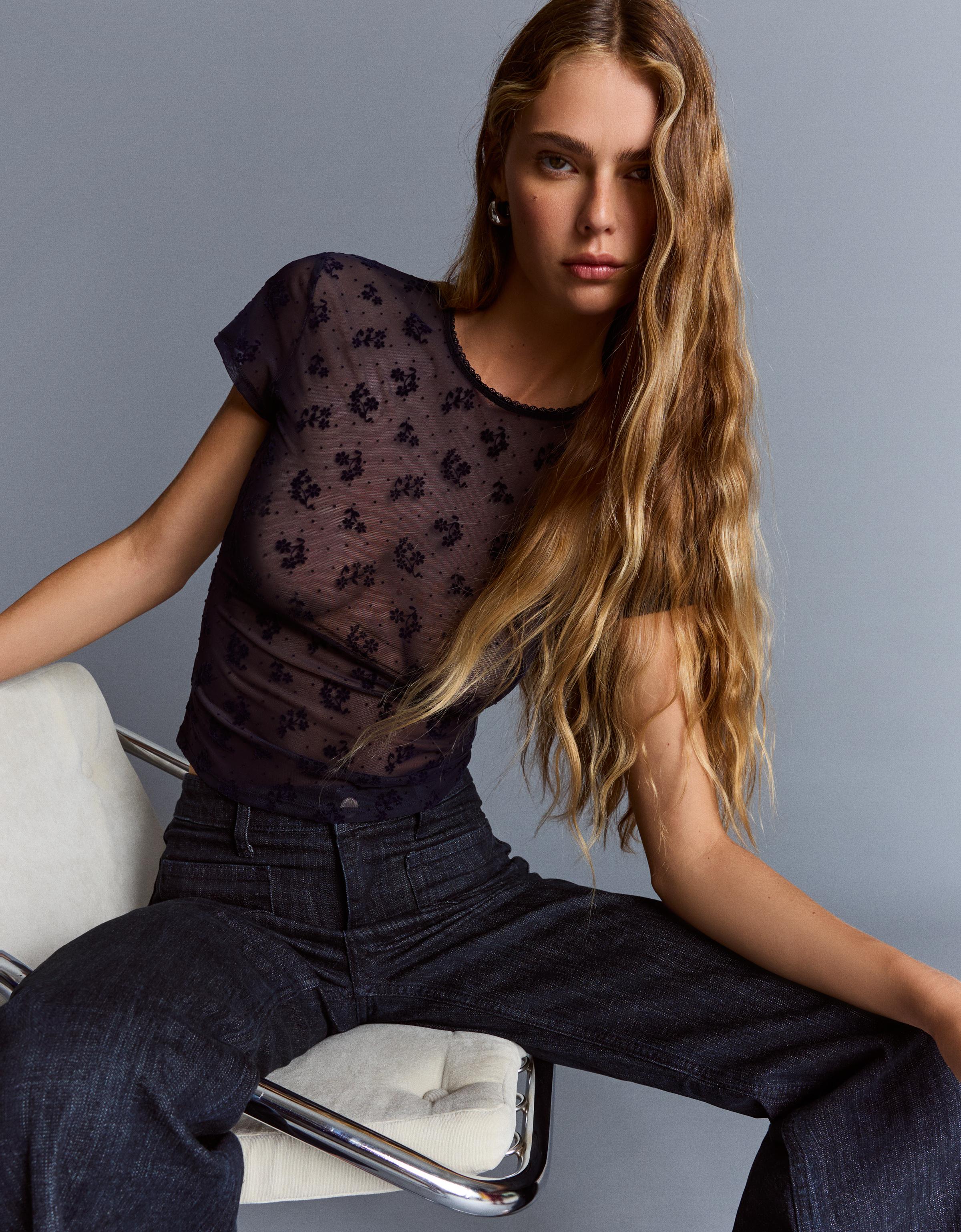 Bershka T-Shirt Mit Tüll-Print Damen S Marinenblau