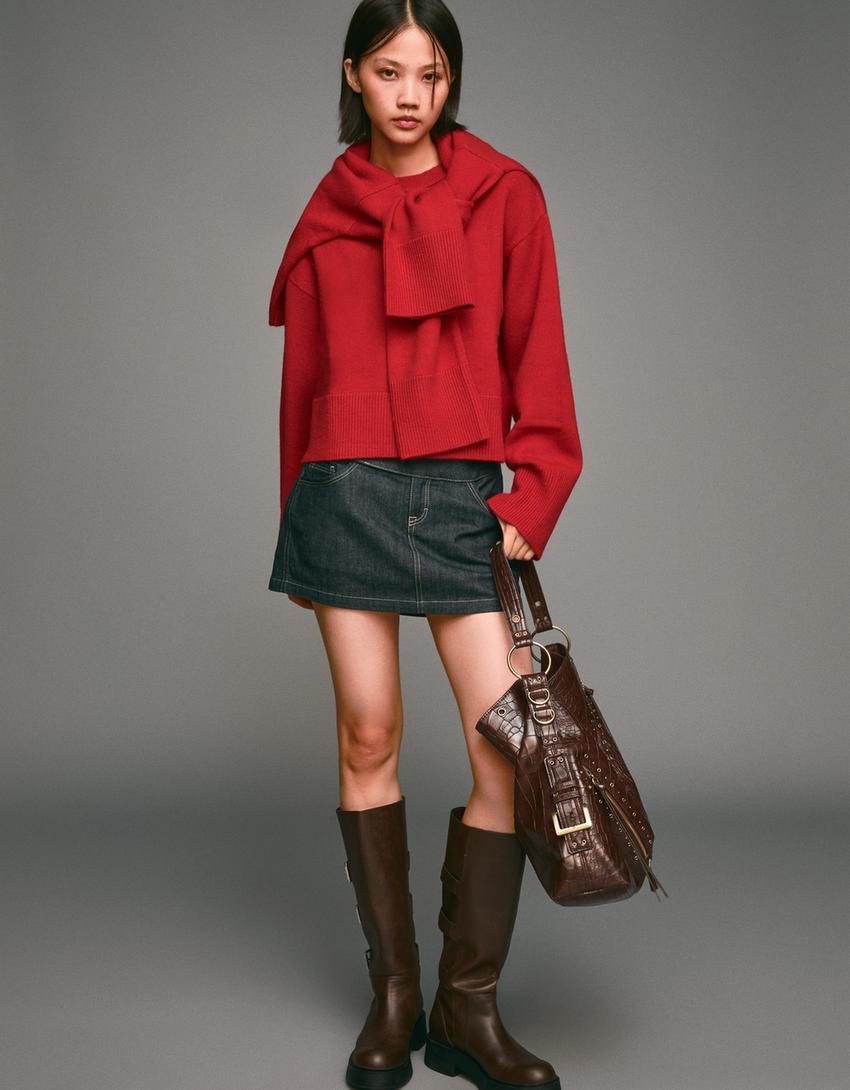 Oversize sweater with ribbed hem-Red