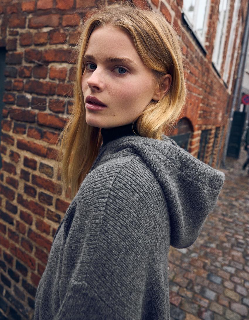 Hooded zip-up cardigan-Grey
