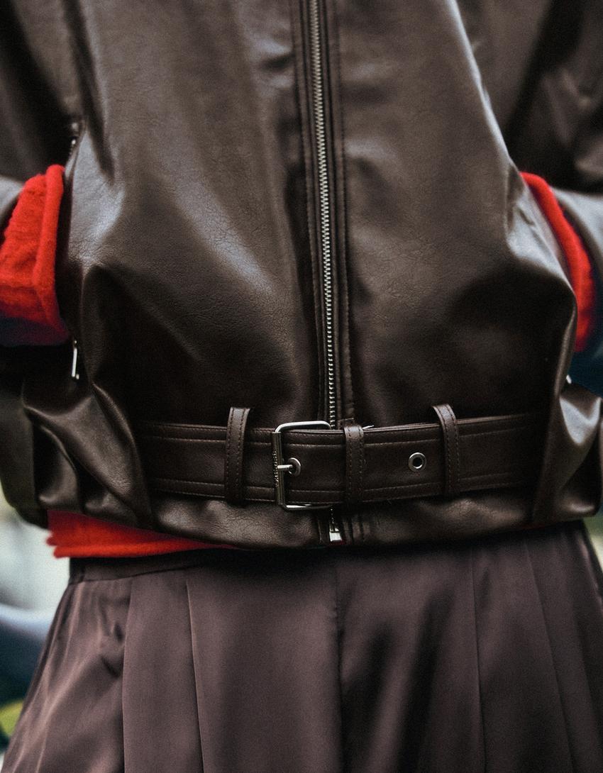 Faux leather bomber jacket with belt-Brown