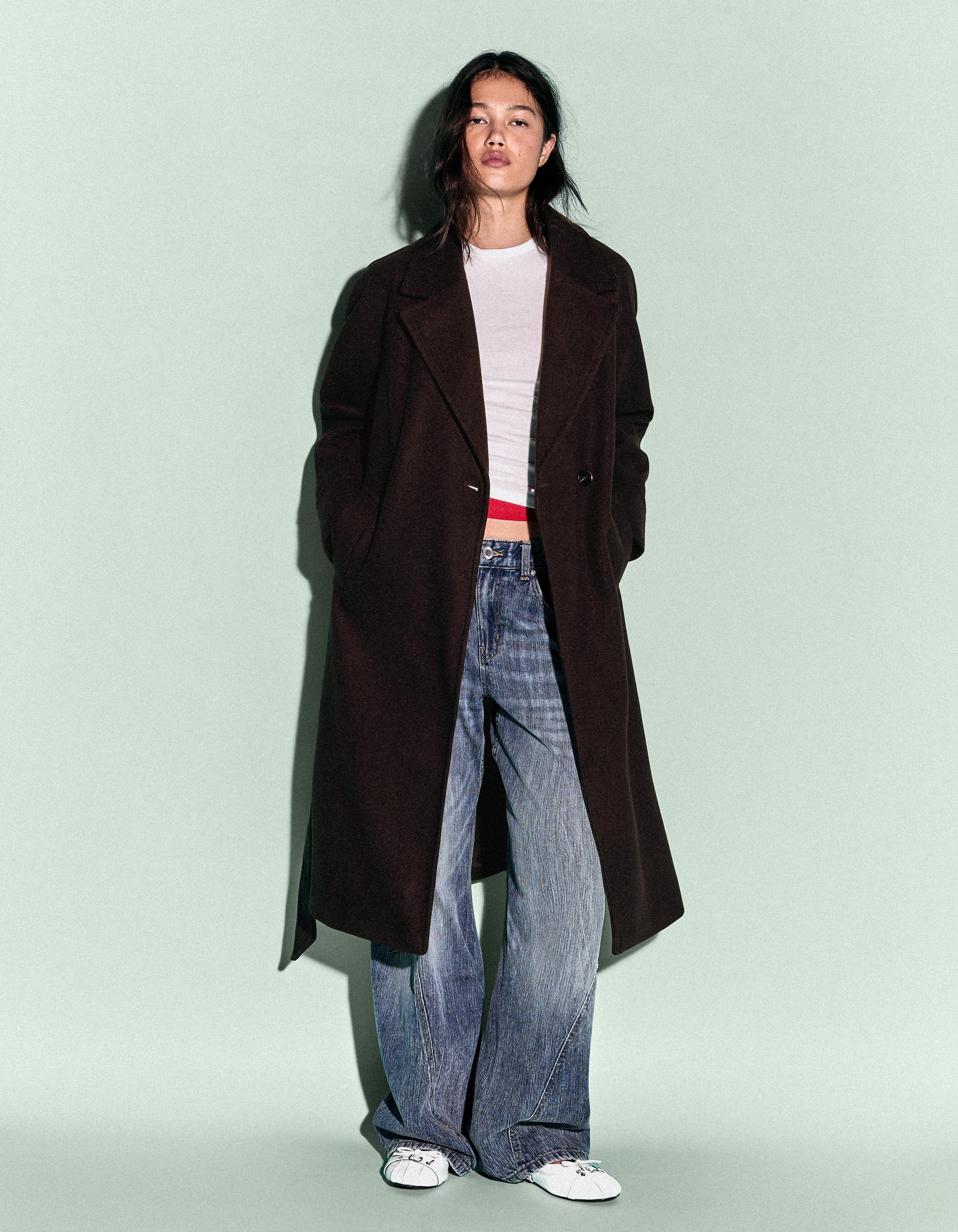 Bershka Abrigo Largo Soft Cinturón Mujer L Marrón