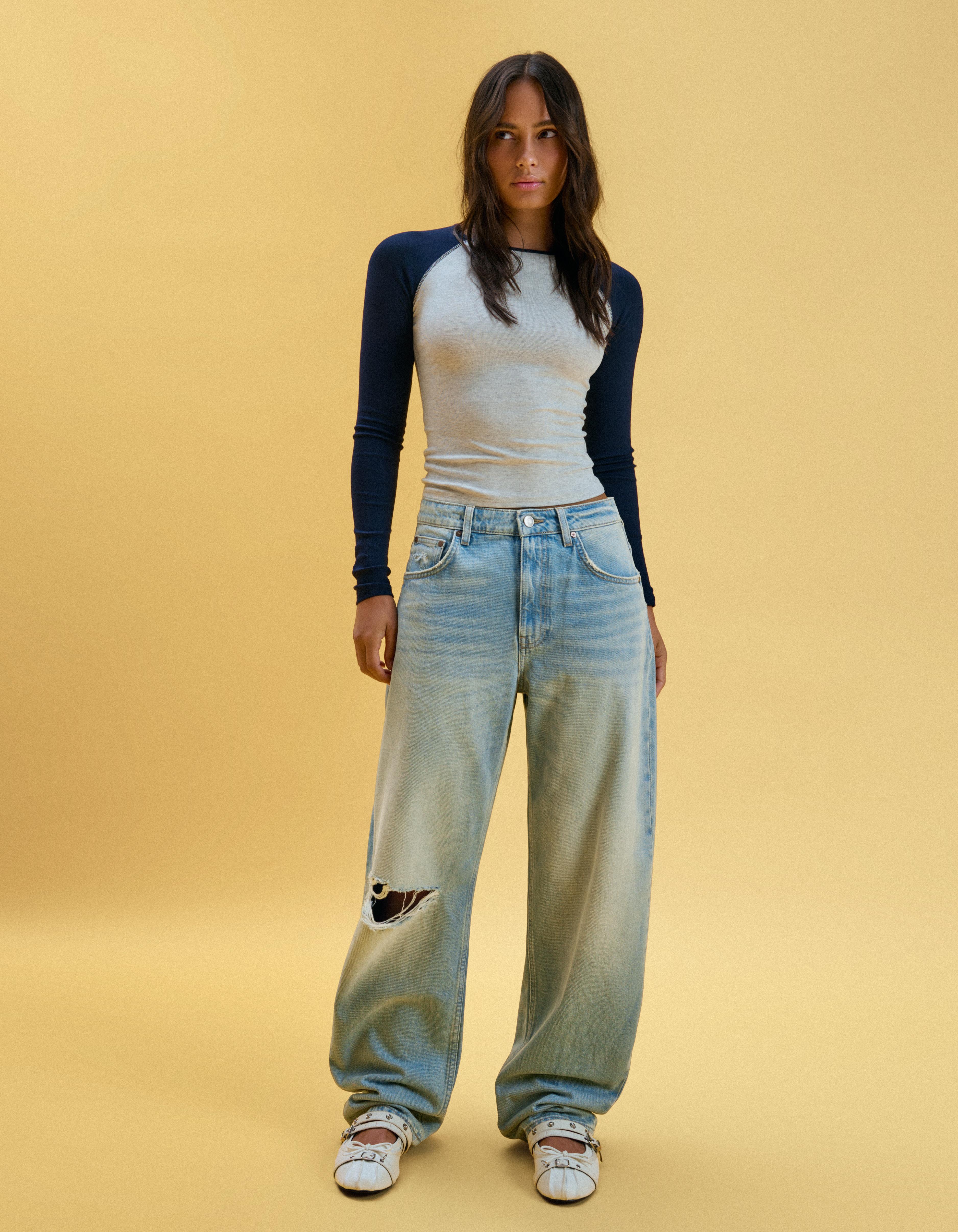 Ripped barrel loose jeans — Light blue