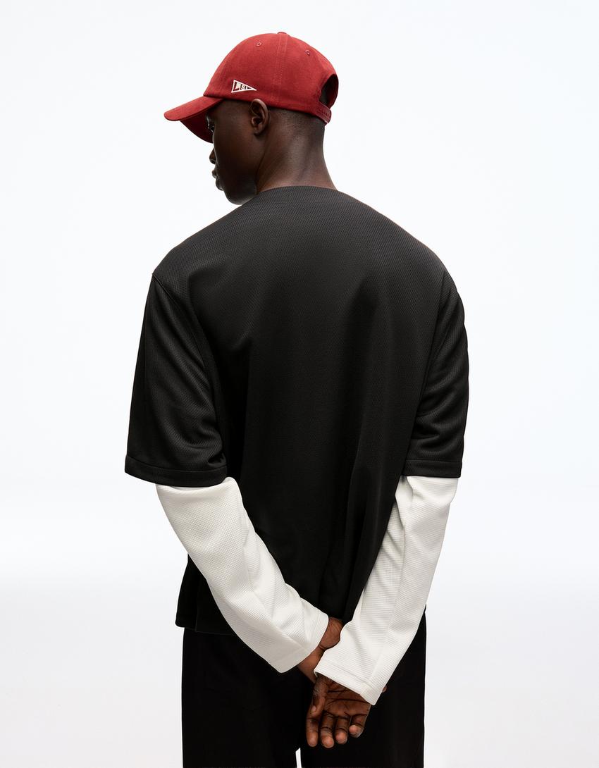 Embroidered double sleeve boxy shirt-Black