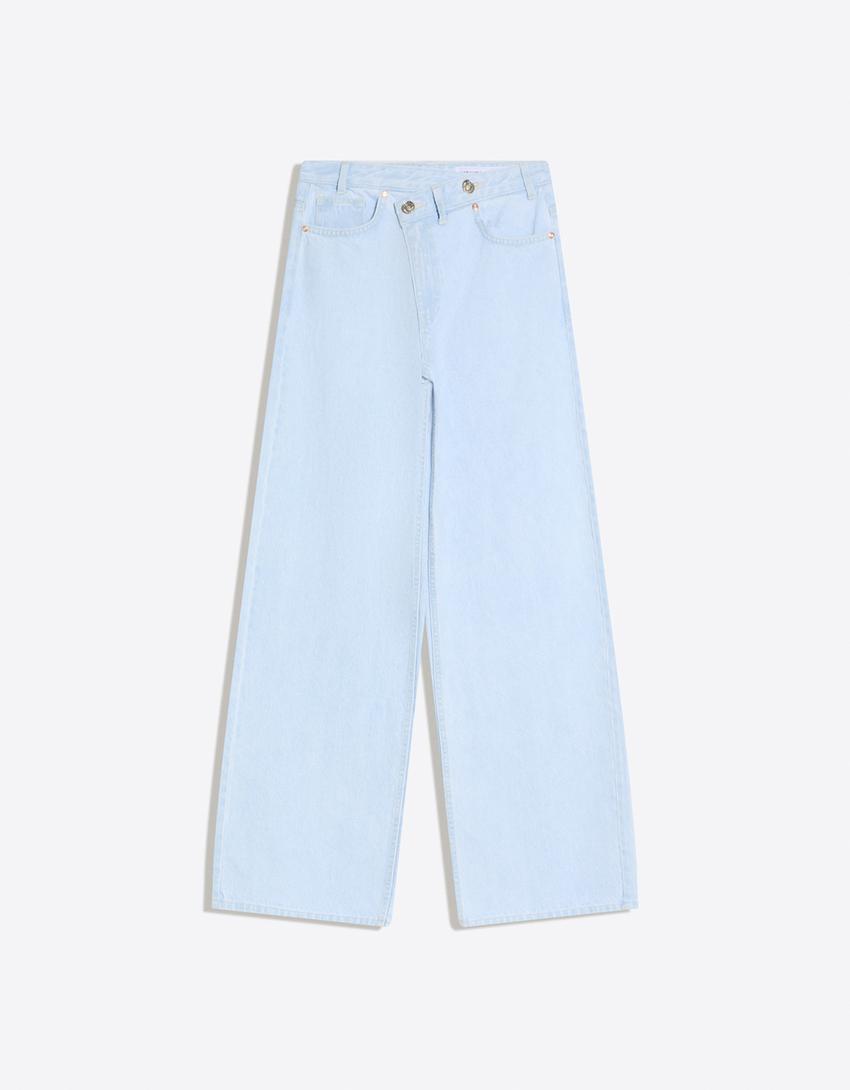Çapraz belli yüksek bel geniş paça jean-Açık mavi