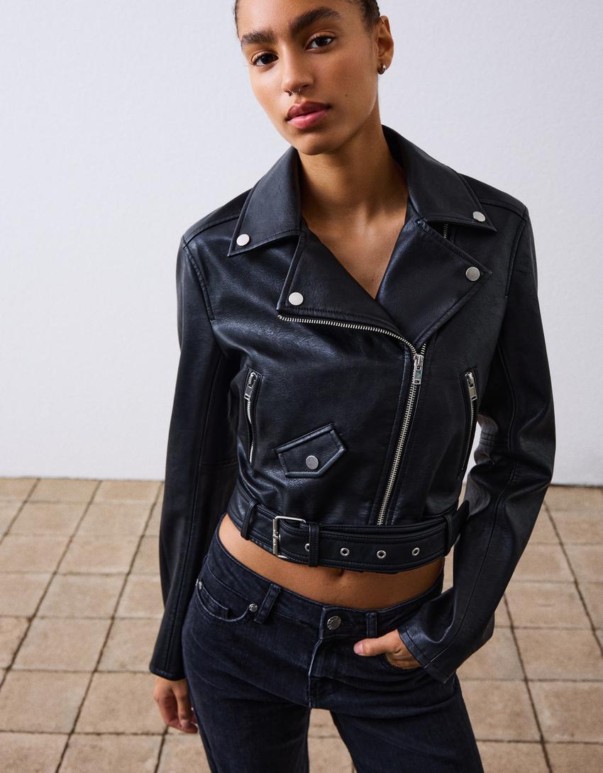 Blouson biker similicuir-Noir