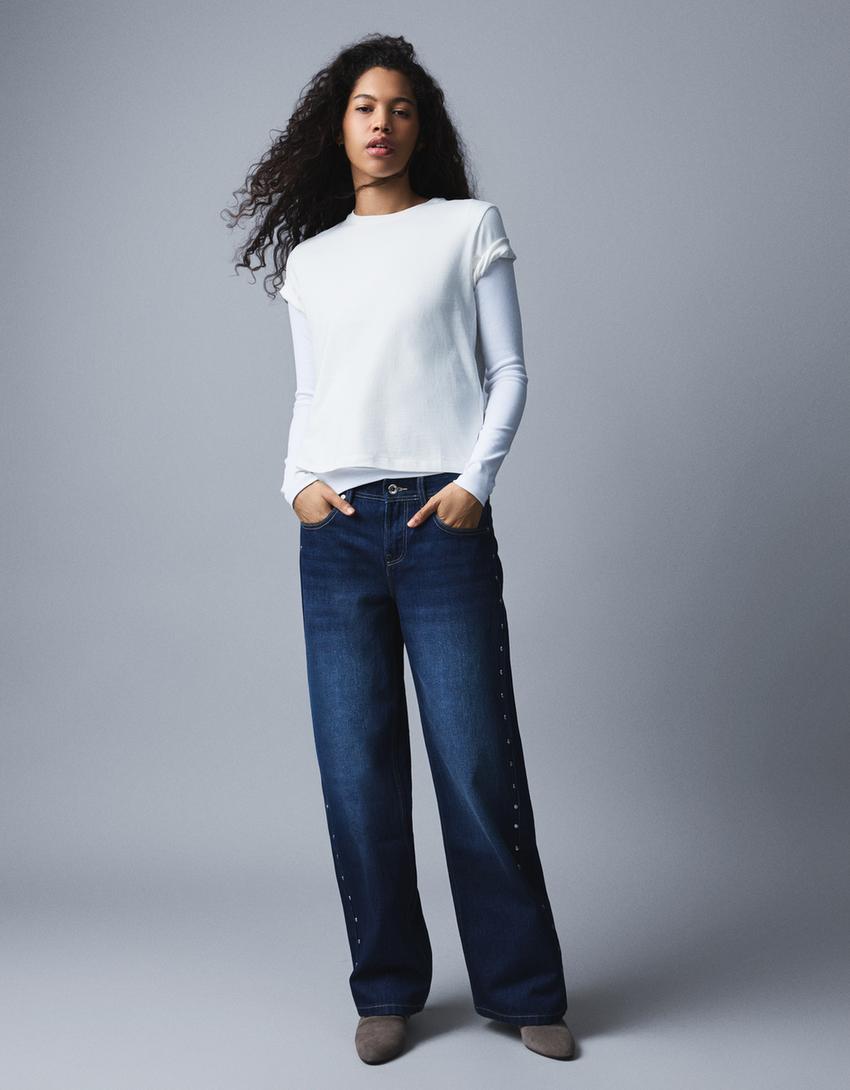 Baggy Jeans mit tiefem Bund und Sternnieten-Blau