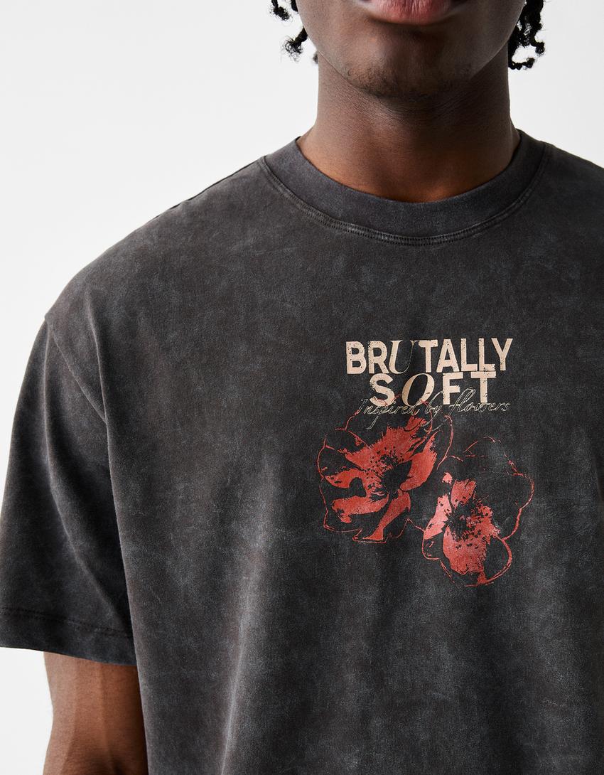 T-shirt manches courtes boxy effet délavé imprimé-Gris-6