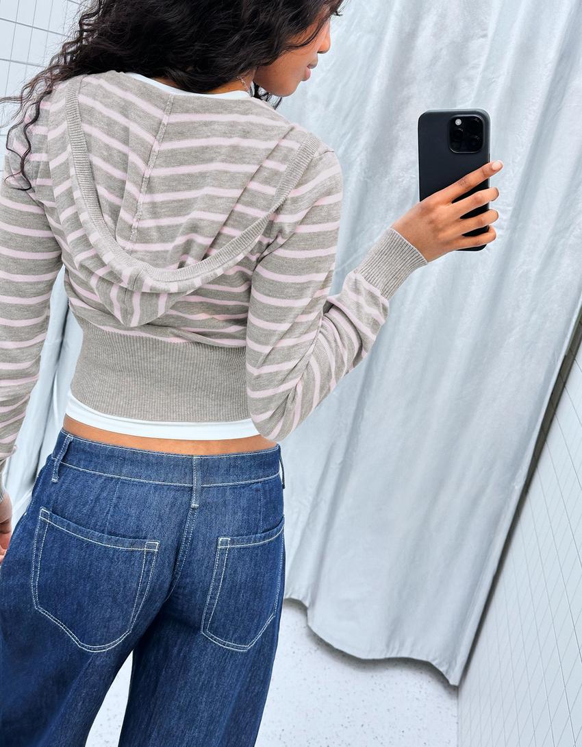 Çizgili kapüşonlu sweatshirt-Pembe