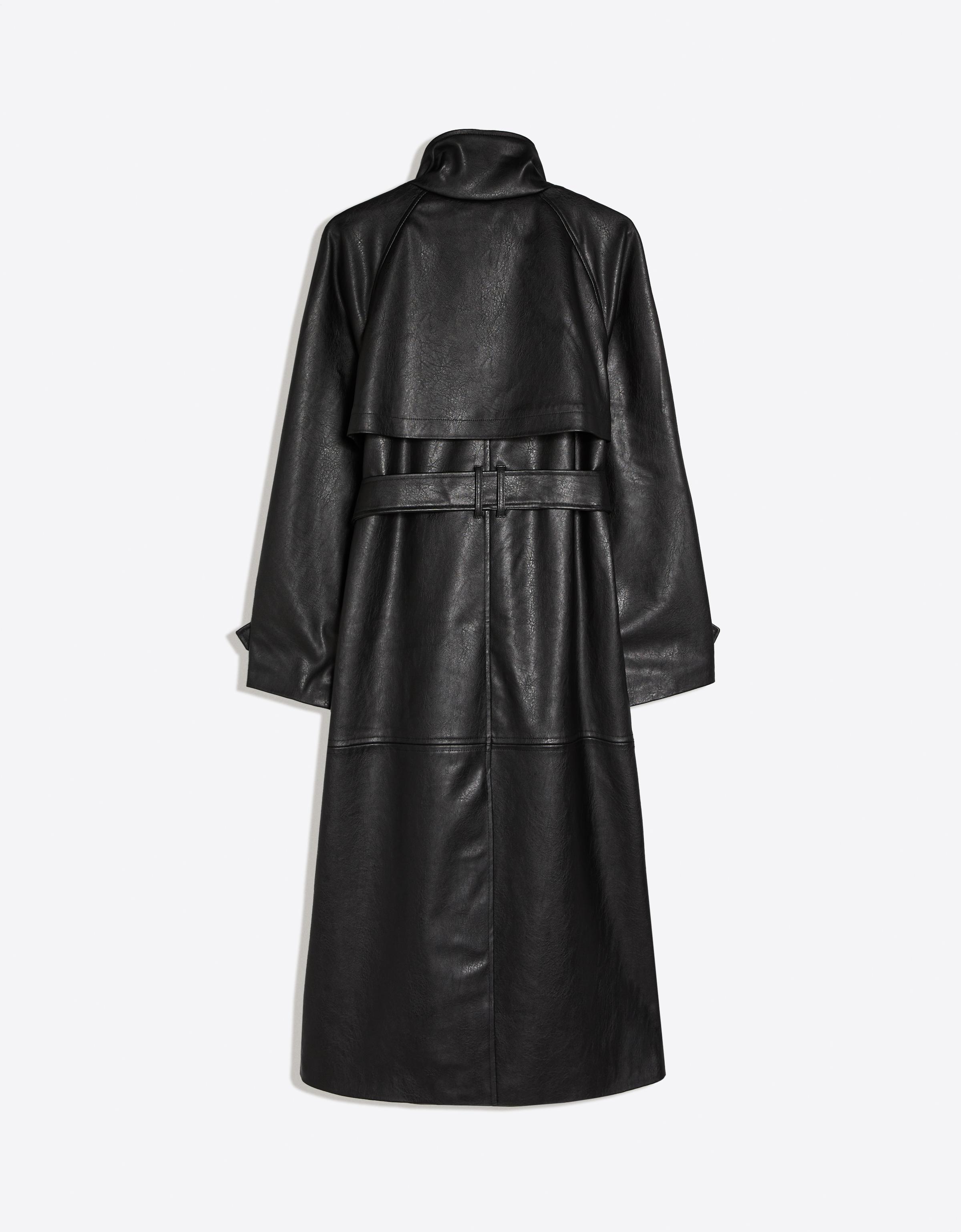 Long leather effect belt trench coat with funnel neck — Black