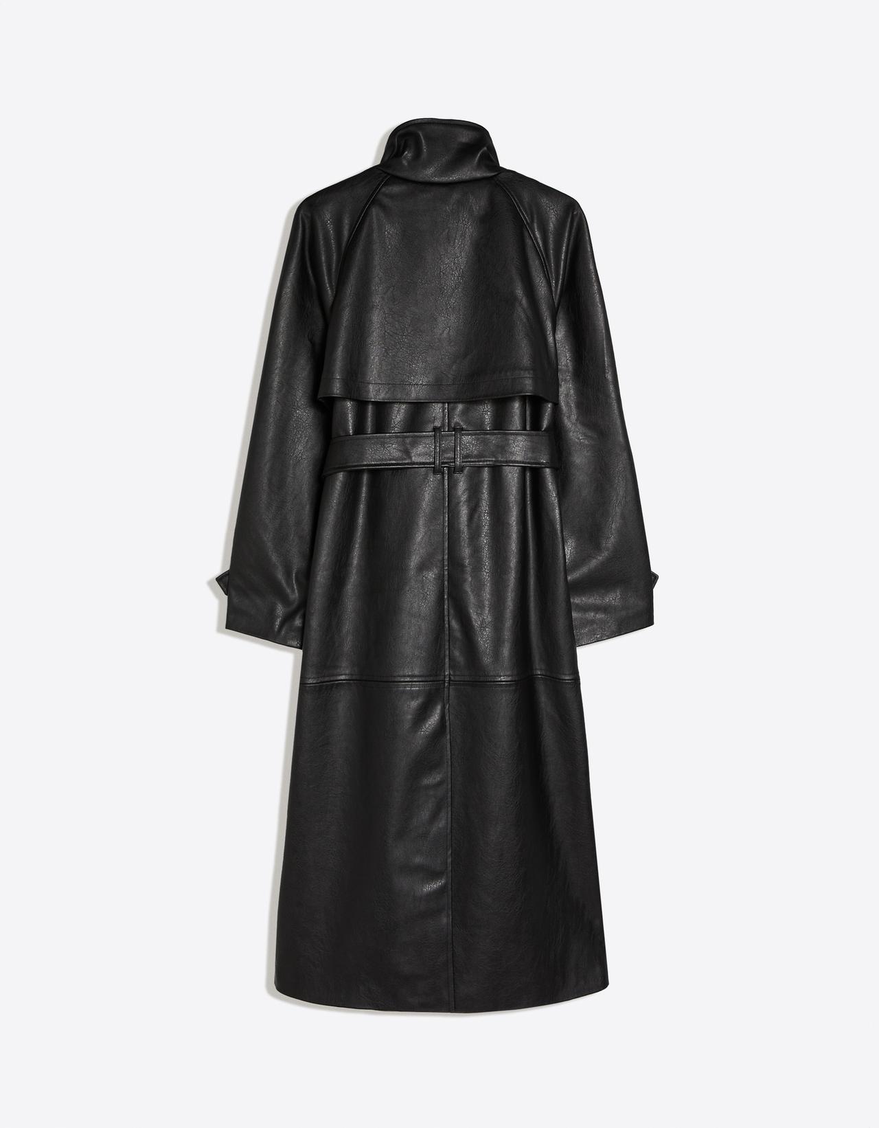 Long funnel neck trench coat with leather effect belt — Black