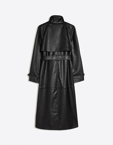 Long funnel neck trench coat with leather effect belt — Black 6