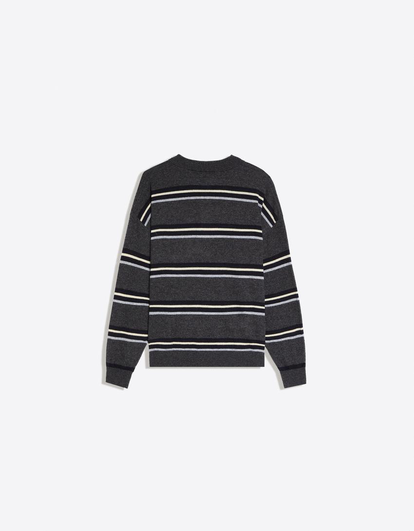 Striped polo sweater-Grey