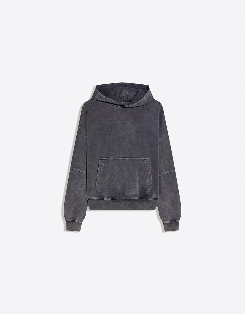 Boxy fit kapüşonlu yıkamalı sweatshirt-Koyu gri