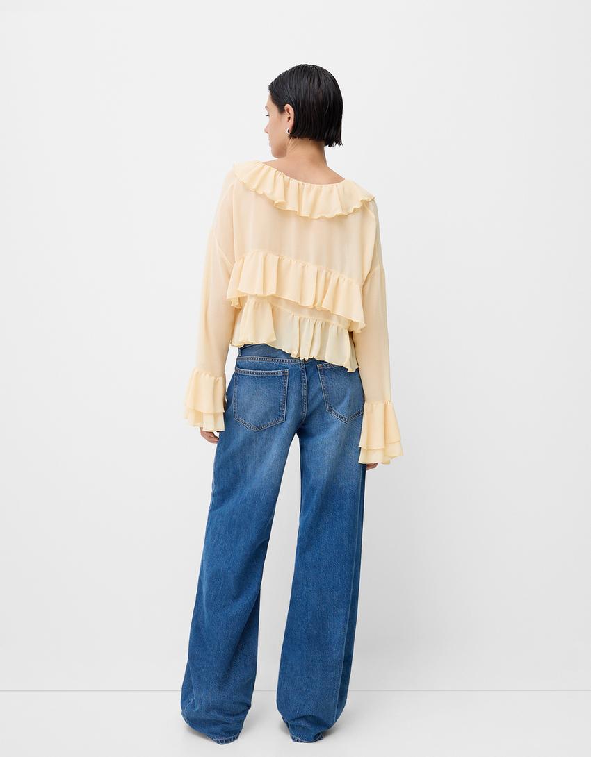 قميص شيفون بكشكش وتفصيل ربطة أمامية-زهري-1