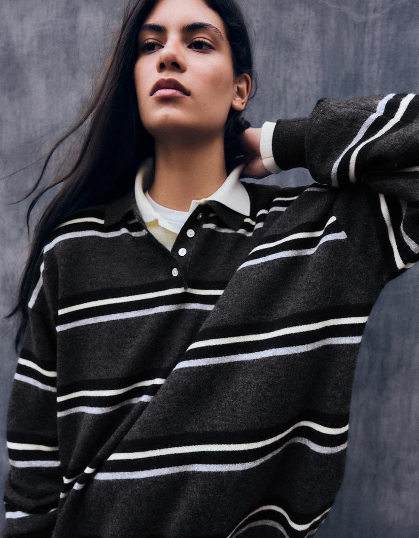 Striped polo sweater-Grey