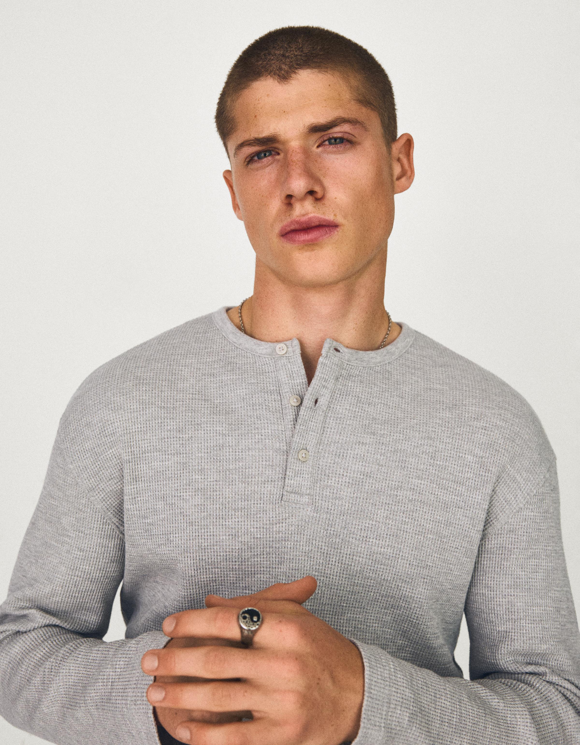 Slim fit long sleeve henley T-shirt — Grey