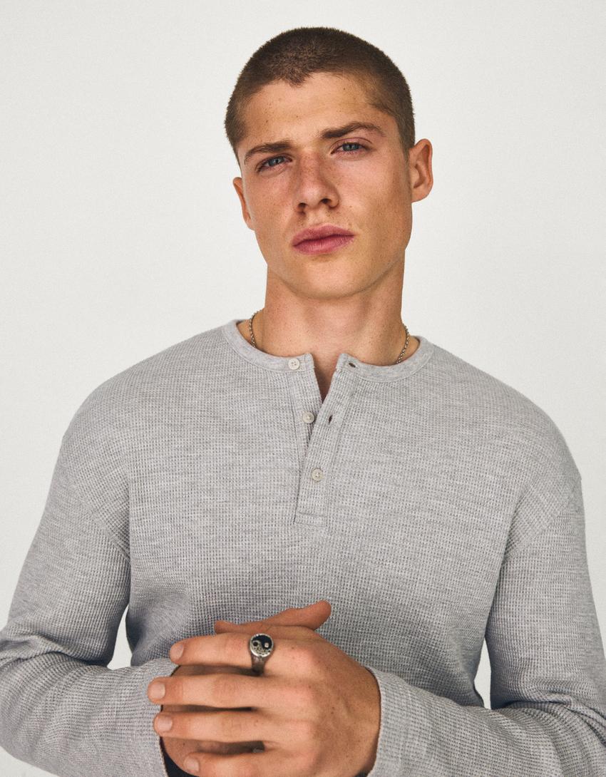 Slim fit long sleeve henley-Grey