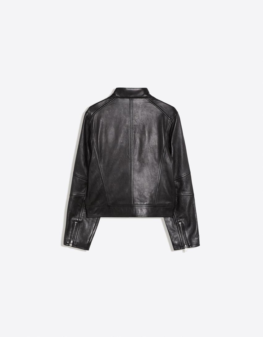 Leather zip biker jacket-Black