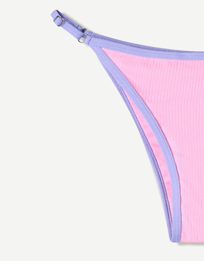 Contrast rib bikini bottoms-Pink-2