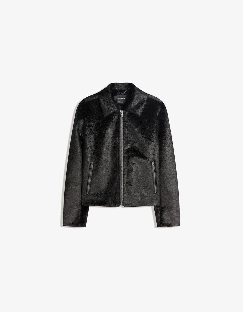 Faux fur zip-up jacket-Black