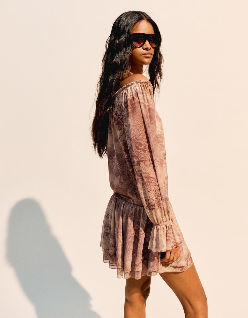 Boho mini-jurk met lange mouw-Whisky-2