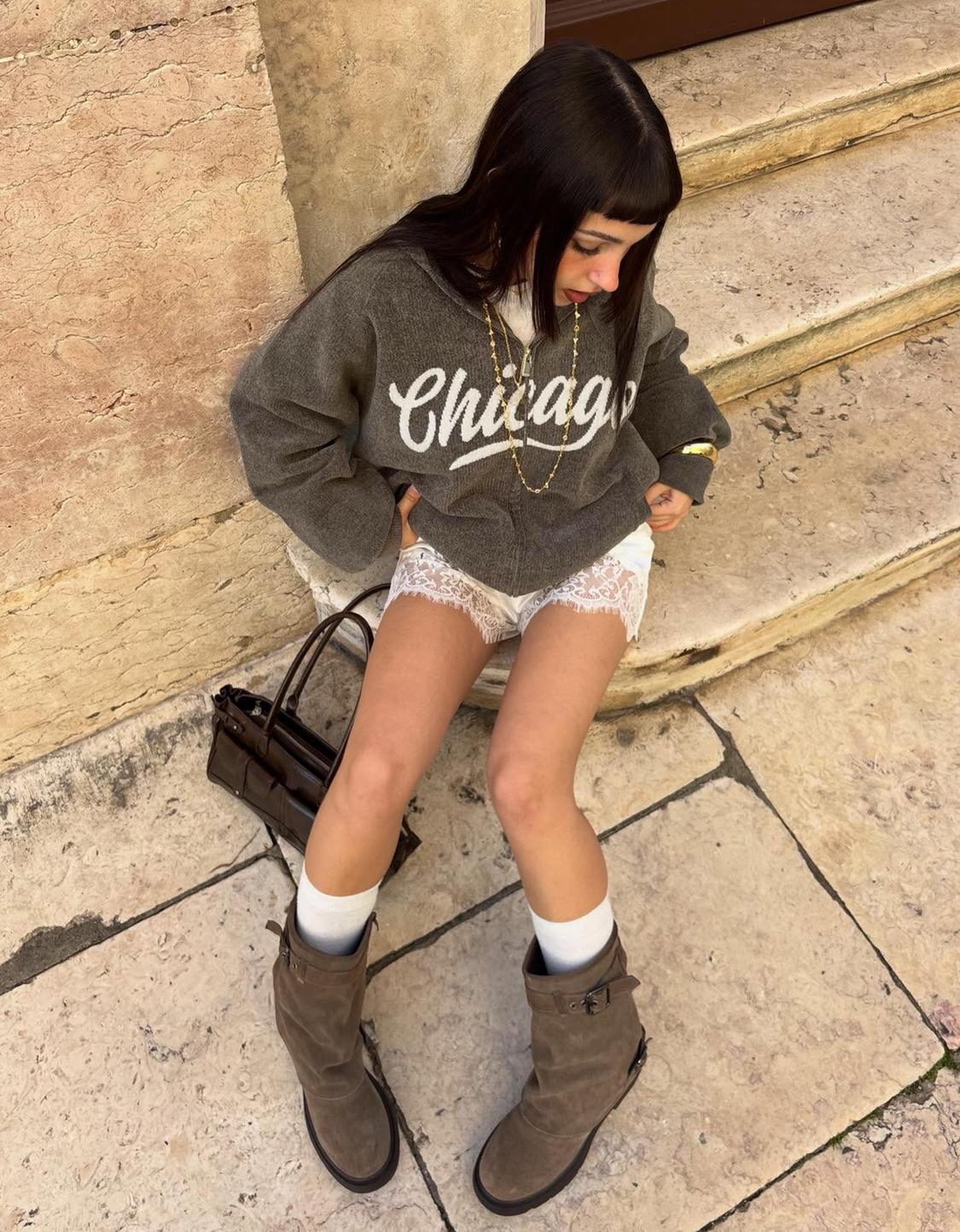 Baskılı şönil kapüşonlu fermuarlı sweatshirt