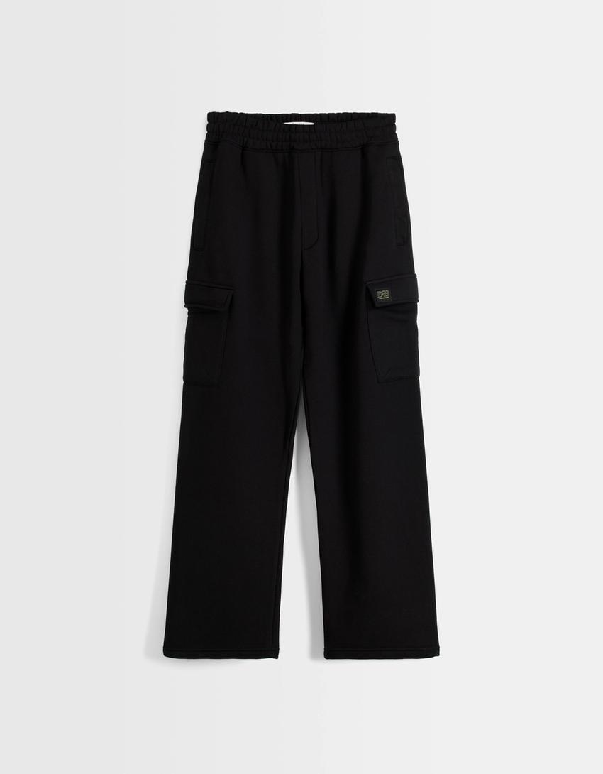 Wide-leg plush cargo trousers-Black-4