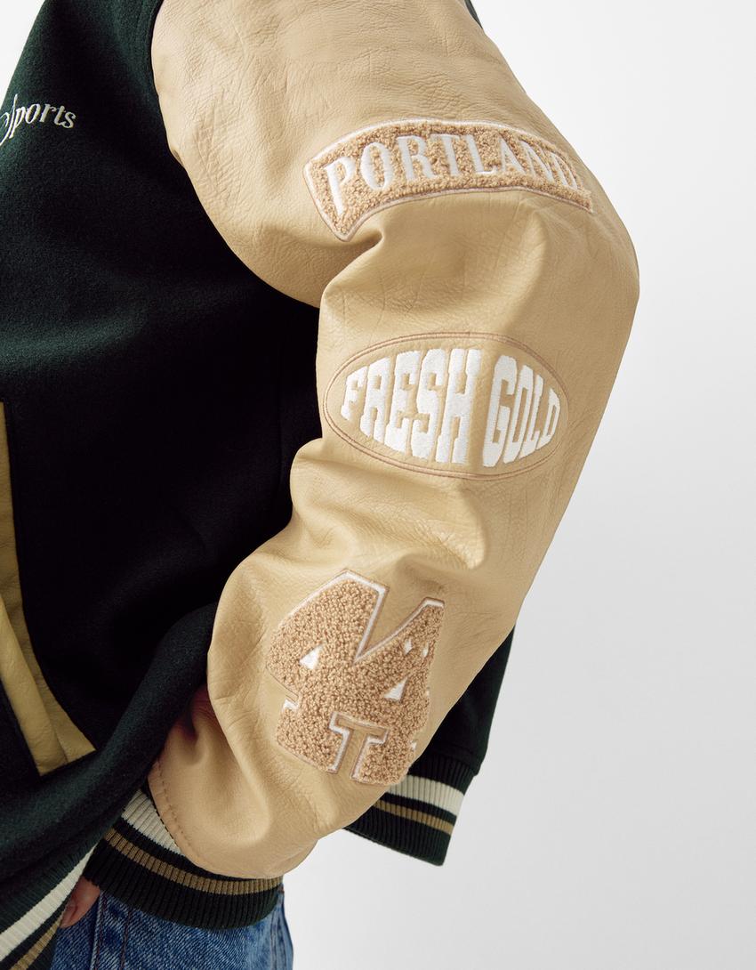 جاكيت جامعي لباد بملمس بارز وأكمام جلد صناعي-أخضر-6