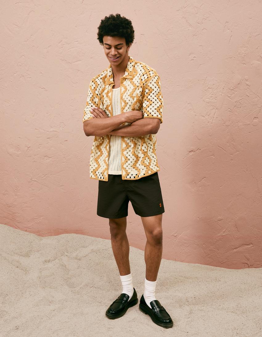 Kısa kollu geometrik kroşe gömlek-Sarı-3