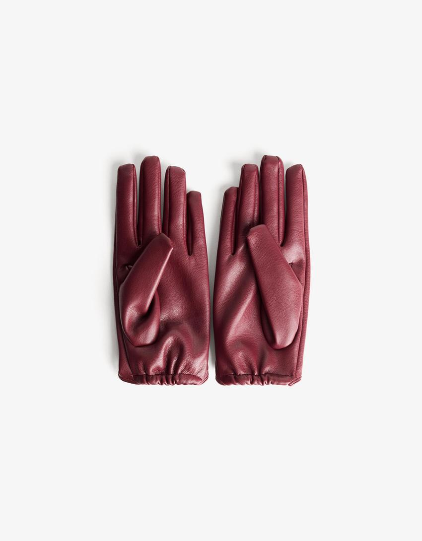 Leather effect gloves-Maroon