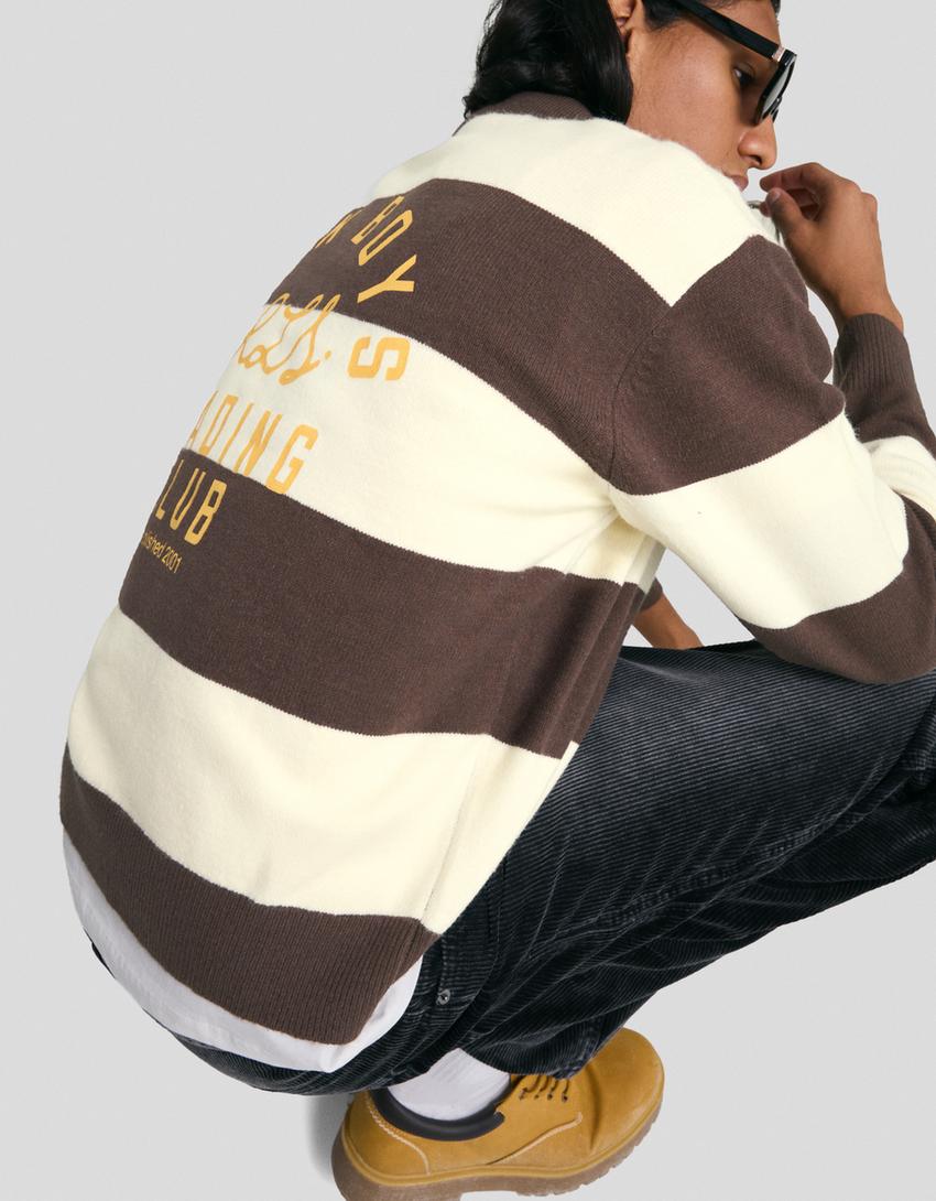 Polo collar sweater with stripes-Brown