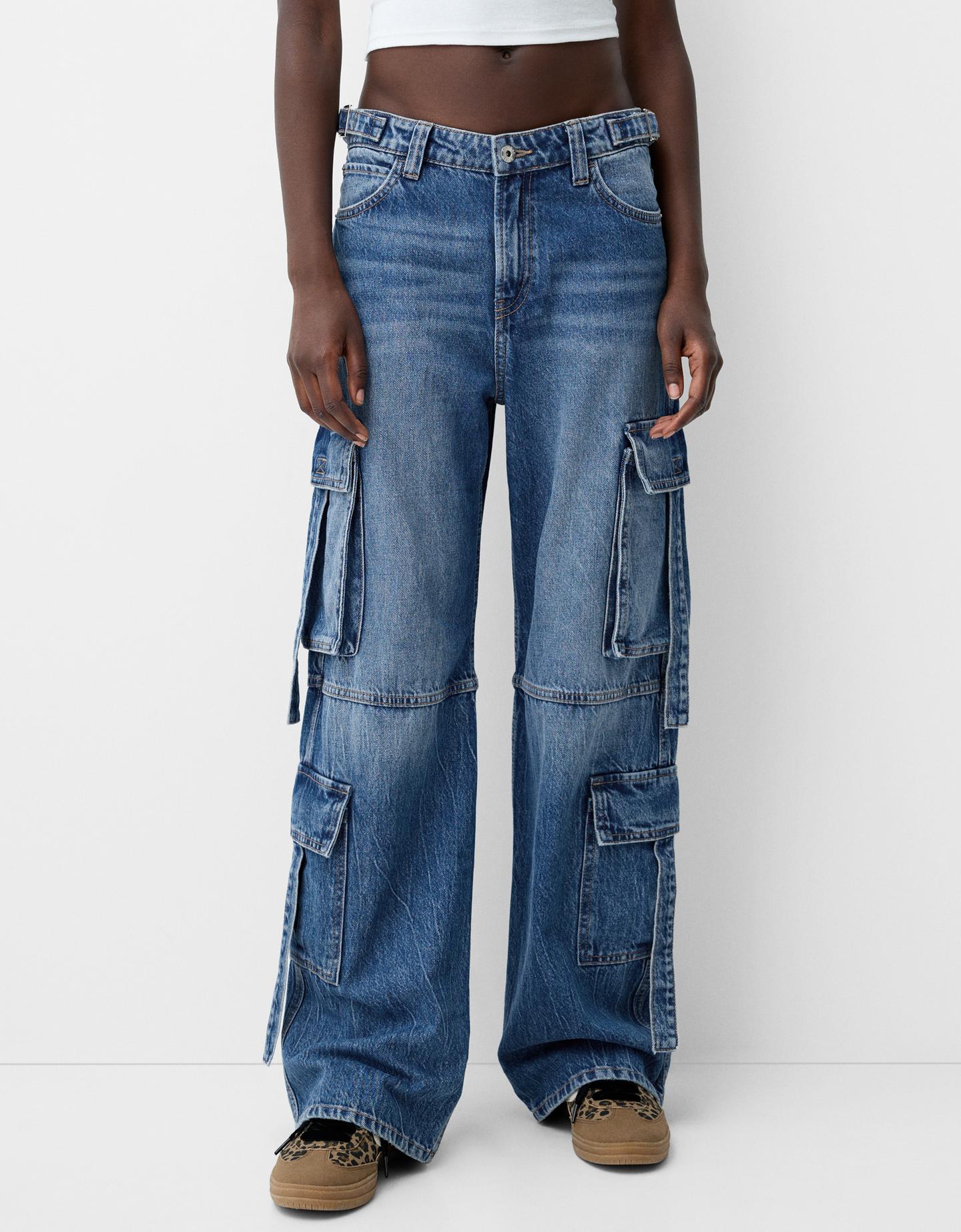 Bershka Jeans Cargo Multitasche Donna 44 (Eu 40) Azzurro