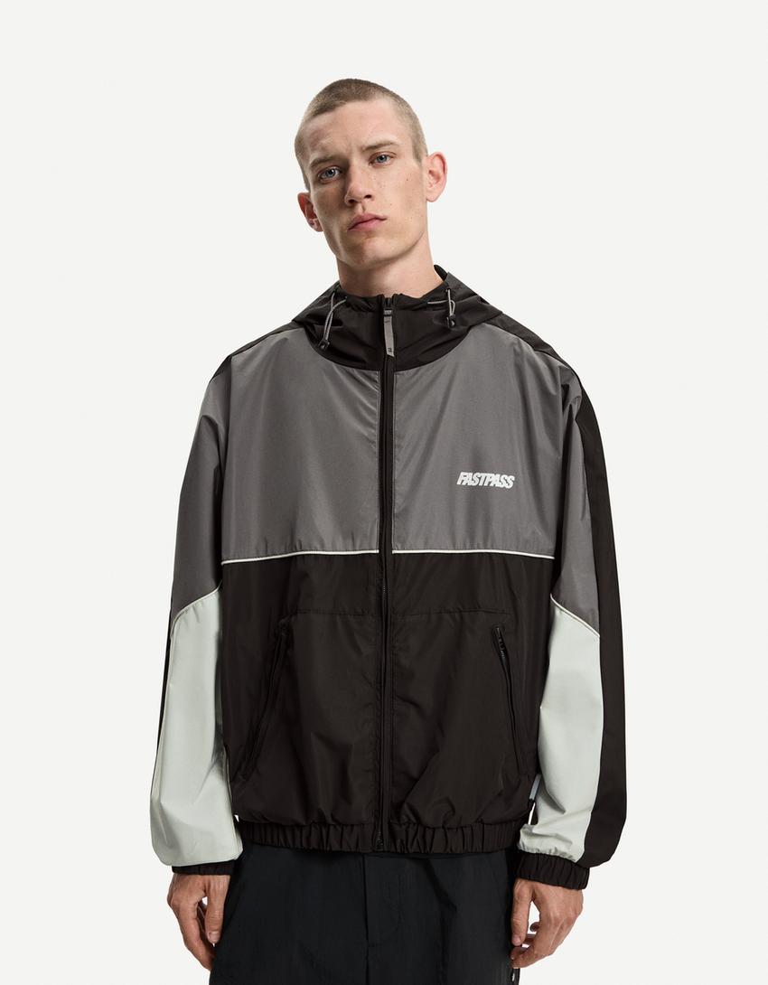 Blouson léger color block capuche-Noir