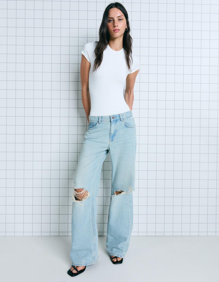 Jeans met wide leg en scheuren-Blauw-0